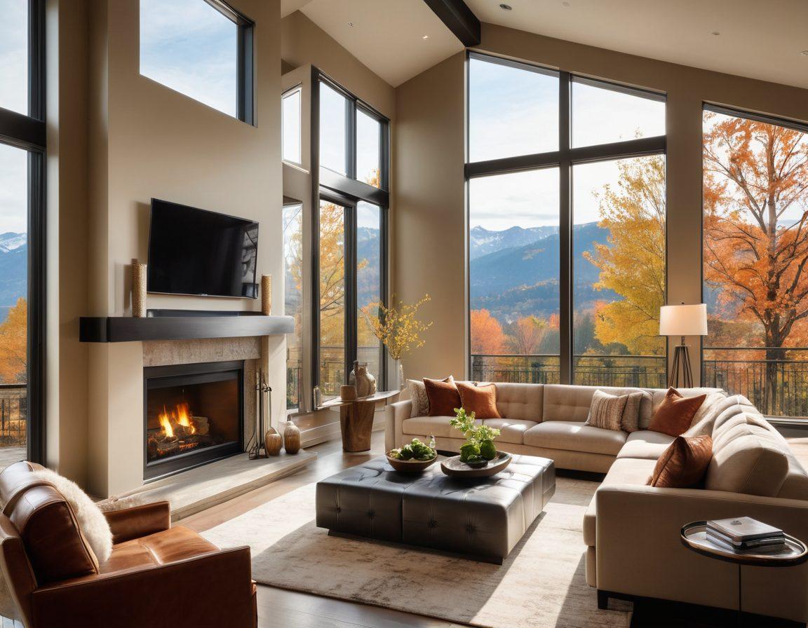 A luxurious rental property featuring a cozy living room with a roaring fireplace, plush furniture, and elegant decor, seamlessly transitioning into a modern, upscale kitchen with high-end appliances. Large windows reveal stunning views of lush landscapes and the striking Vista skyline, inviting warmth and sophistication. Include soft lighting for a welcoming atmosphere. super-realistic. vibrant colors. warm tones.