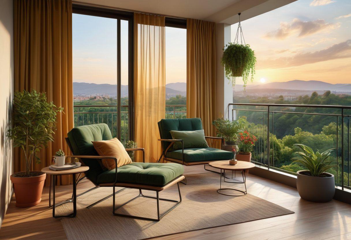 A stunning view from a modern apartment balcony overlooking lush green hills and a picturesque city skyline at sunset. The balcony features stylish outdoor furniture adorned with potted plants, while large glass doors invite natural light. Cozy, inviting atmosphere with a warm color palette and gentle breezes visualized through flowing curtains. Include details like a coffee cup resting on a small table and a book open beside it for an inviting touch. super-realistic. vibrant colors. 3D.