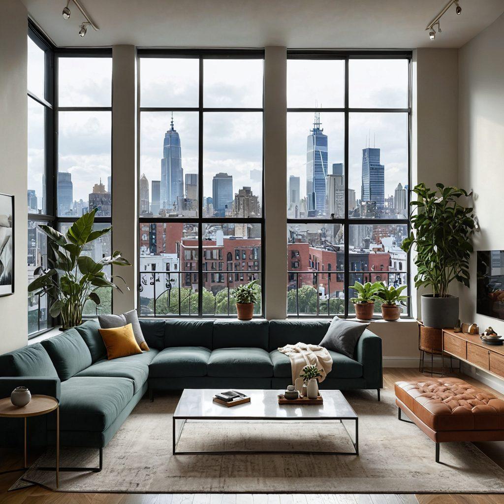 A stylish modern apartment showcasing a cozy living room with large windows overlooking a vibrant cityscape. Include sleek furniture, indoor plants, and warm lighting that creates a welcoming atmosphere. The scene should reflect contemporary decor and the idea of comfortable living. Capture the essence of urban life blending with relaxation. super-realistic. vibrant colors.